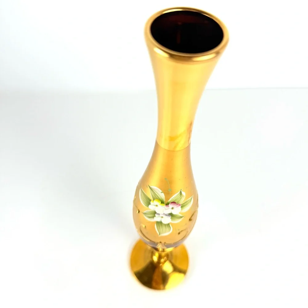 VTG Murano Venetian Ruby Glass & 24K Gold Paint 11โ Hand Painted Floral Bud Vase - Picture 12 of 16